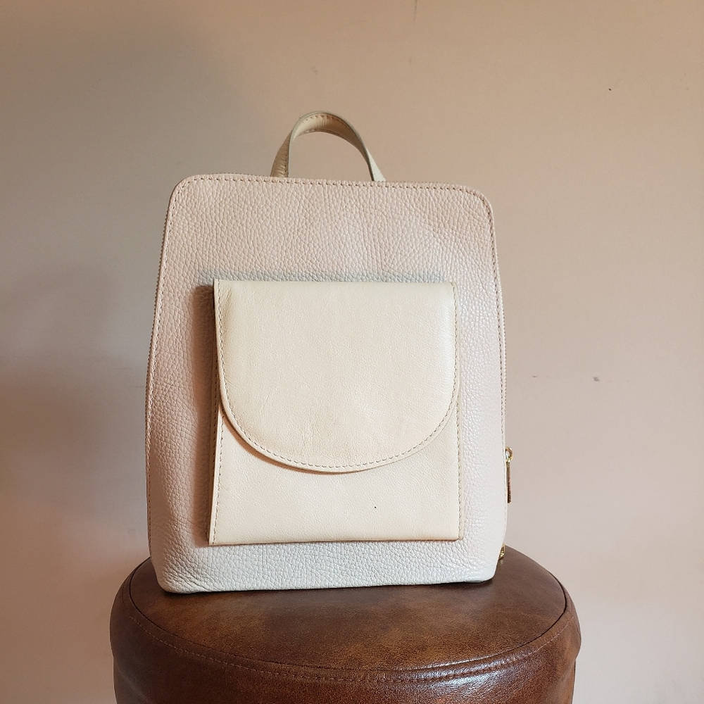 Elegant Cream Pebbled Leather Backpack Purse